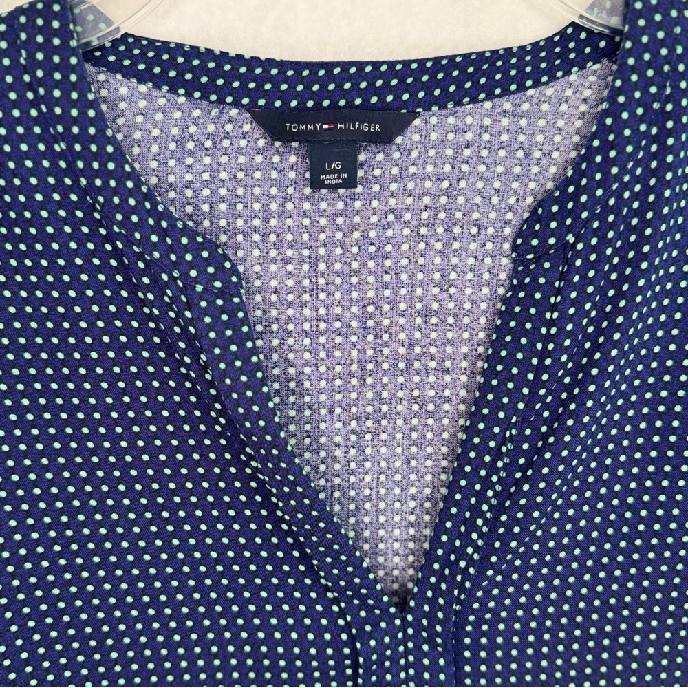 TOMMY HILFIGER Rosini V-Neck Blue Polka Dot Tunic Blouse Size Large - Picture 10 of 12